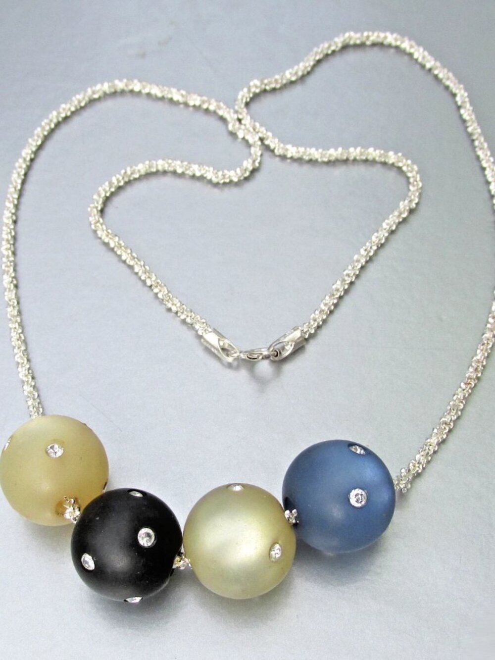Vintage KARIZIA SPA 4 Rhinestone 15mm Ball Beads Sterling Silver Necklace